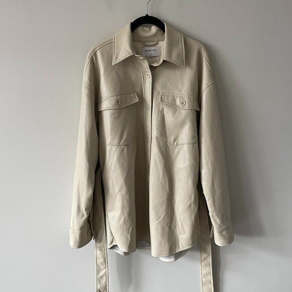 Babaton Ava Vegan Leather Button Front Long Sleeve Collared Jacket Cream Medium - Picture 2 of 10